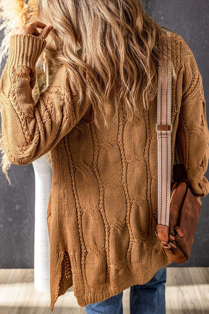 Cable-Knit Dropped Shoulder Slit Cardigan.