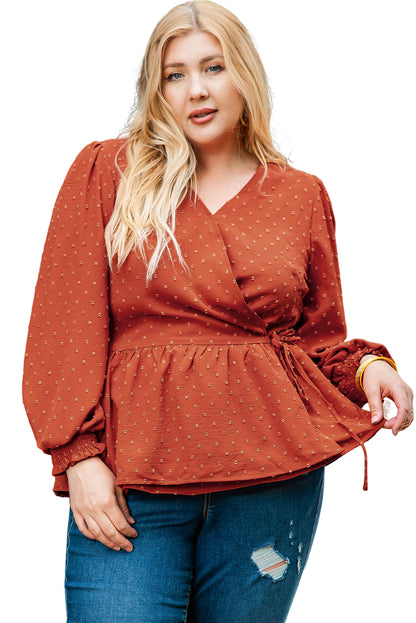 Elegant plus size Swiss dot wrap blouse with tie detail