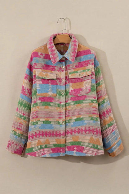 Stylish plus size collared jacket with pockets and vibrant print