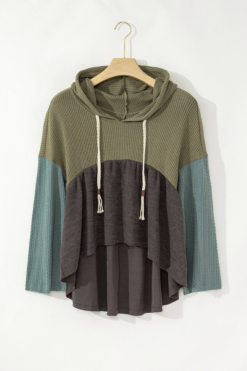 Laurel green colorblock patchwork hooded top with frayed high-low hem