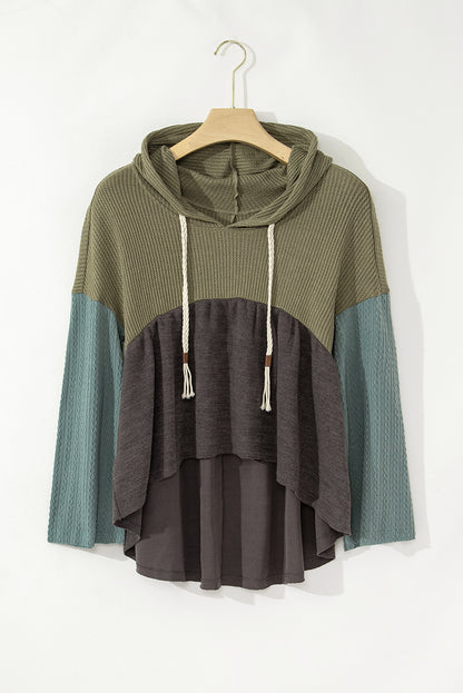 Laurel green colorblock patchwork hooded top with frayed high-low hem