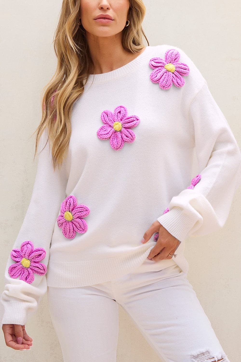 Crochet Flower Round Neck Long Sleeve Sweater.