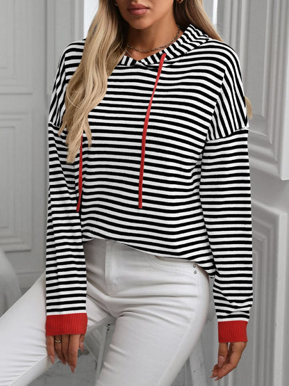 Striped Long Sleeve Hooded Knit Top.