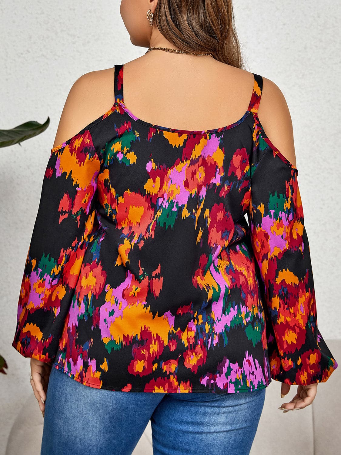 Plus Size Printed Cold Shoulder Long Sleeve Blouse.