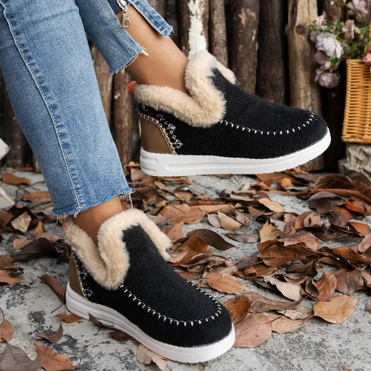 Cozy Fur Trimmed Slip Ons Suede And Rubber Flats Warm Winter Shoes Simply Love