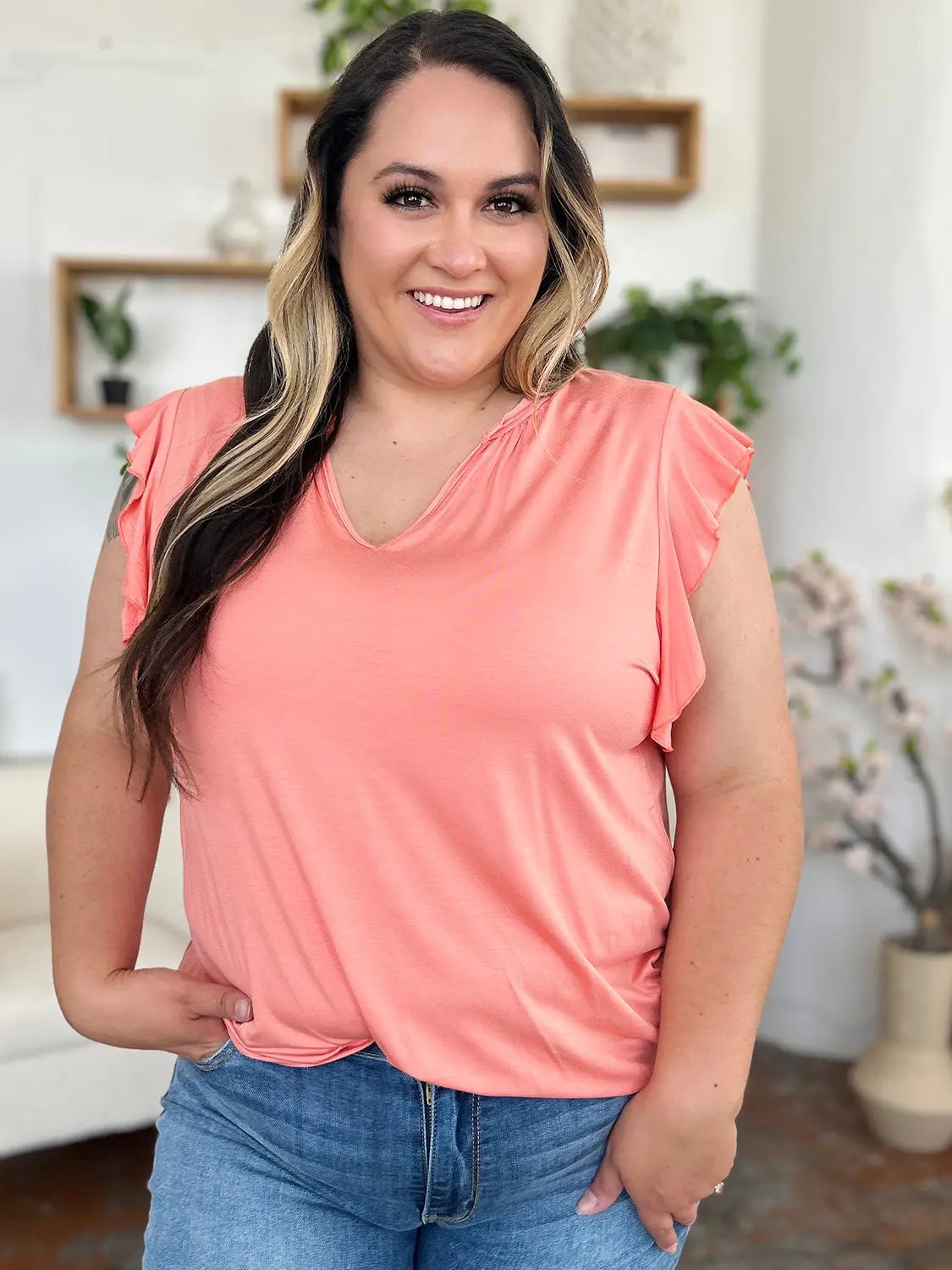 Basic Bae Full Size Bamboo Notched Ruffled Short Sleeve T-Shirt - Love Salve