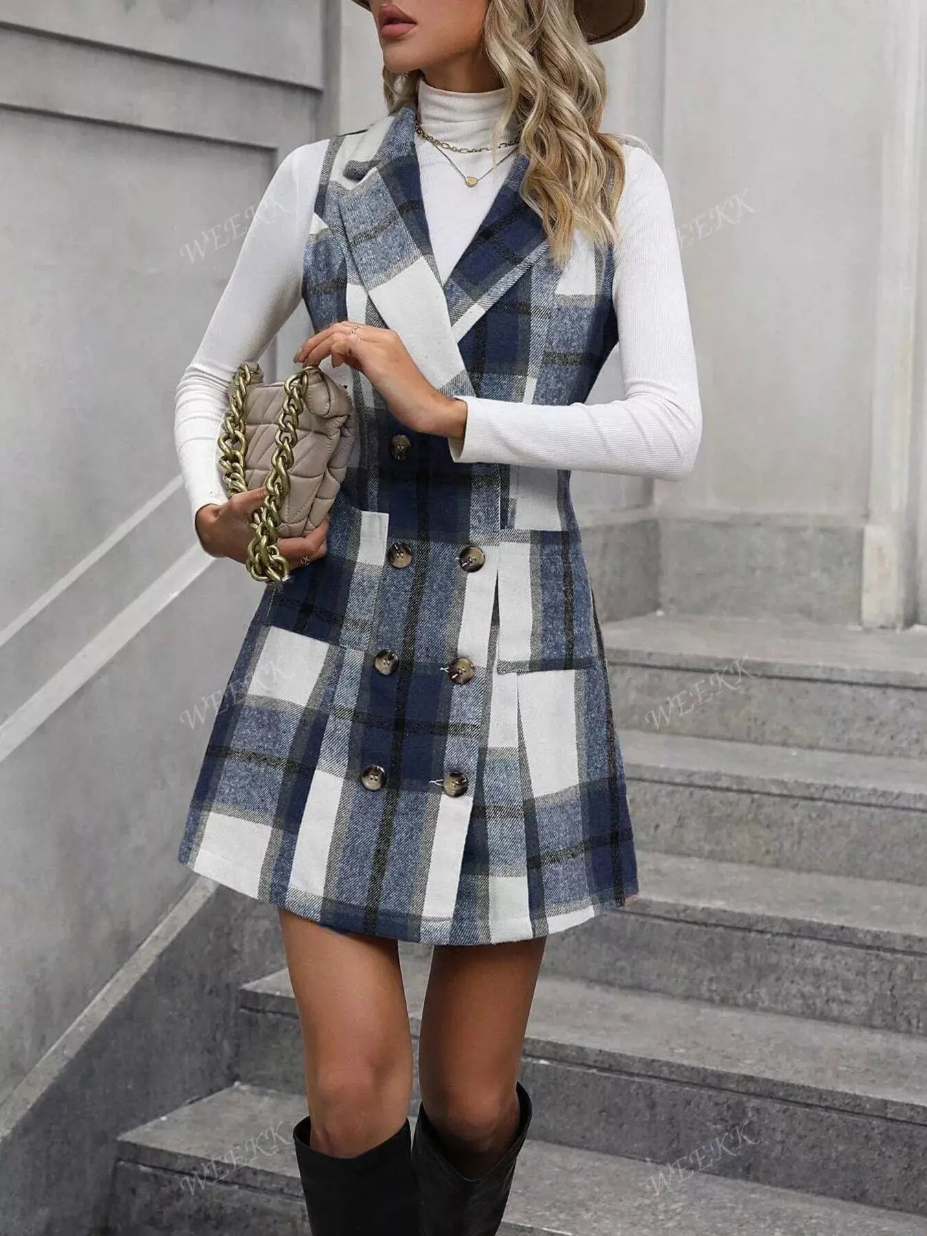 Plaid Double-Breasted Sleeveless Blazer Dress Simply Love