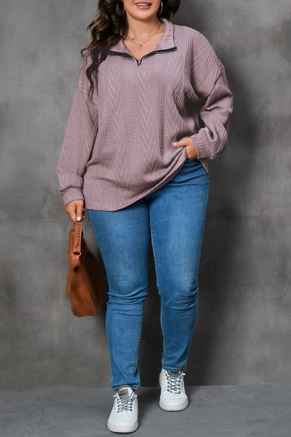 Curvy chic textured knit zip-up pullover