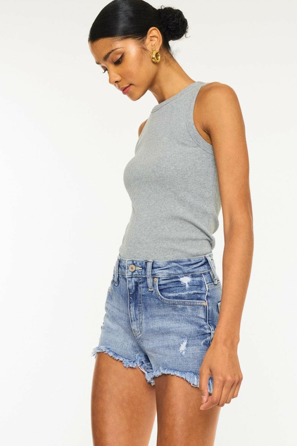 Kancan Distressed Raw Hem Denim Shorts.