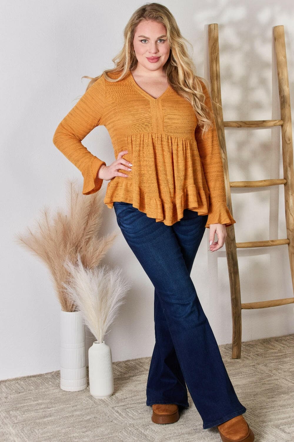 Hailey & Co Full Size V-Neck Flounce Sleeve Blouse.