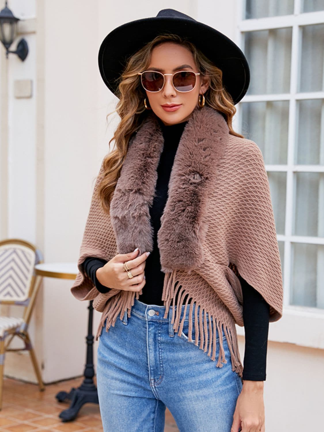 Open Front Fringe Hem Poncho.