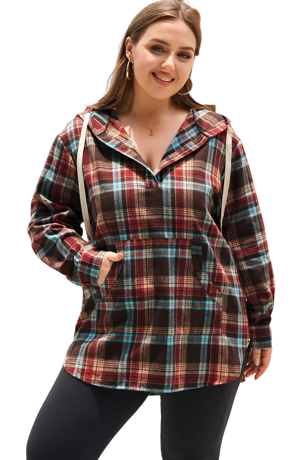 Chic fiery red plaid plus size hoodie with kangaroo pocket