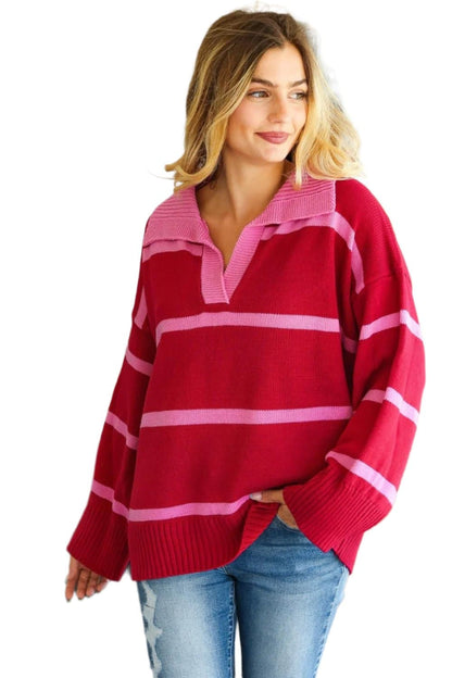 Haptics Collared Neck Striped Contrast Sweater