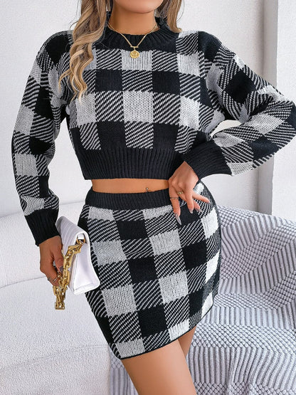 Plaid Round Neck Top and Skirt Sweater Set.