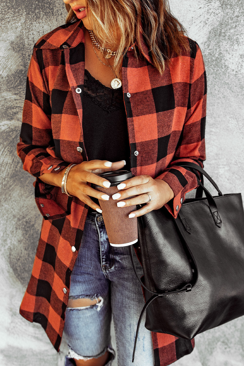 Chic plaid shirt coat with elegant turn-down collar in fiery red