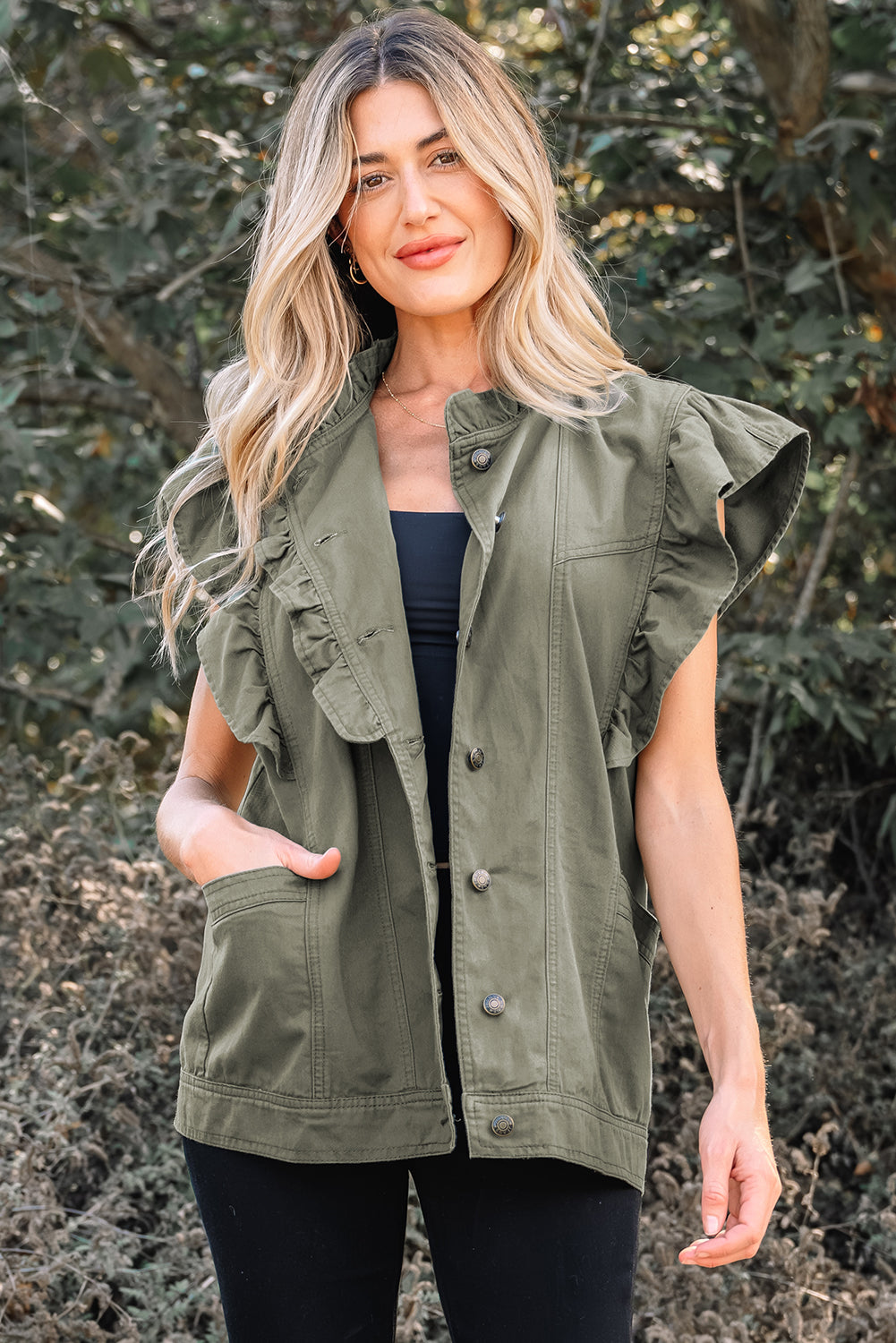 Green Bay Ruffled Patchwork Denim Jacket Vest For Women Dear-Lover Dropshipping