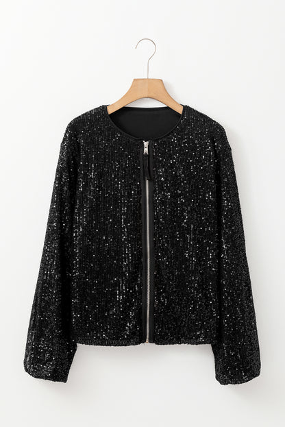 Glamorous black sequin zip-up jacket with long sleeves