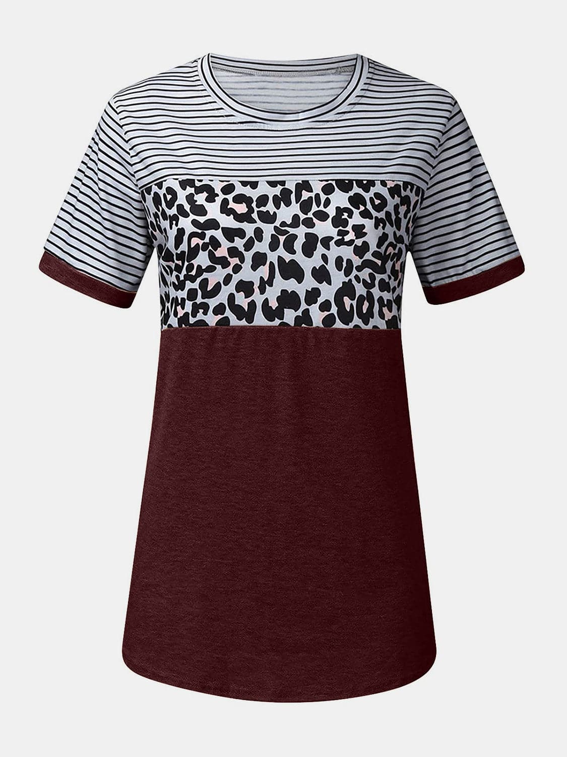 Full Size Striped Leopard Round Neck Short Sleeve T-Shirt.