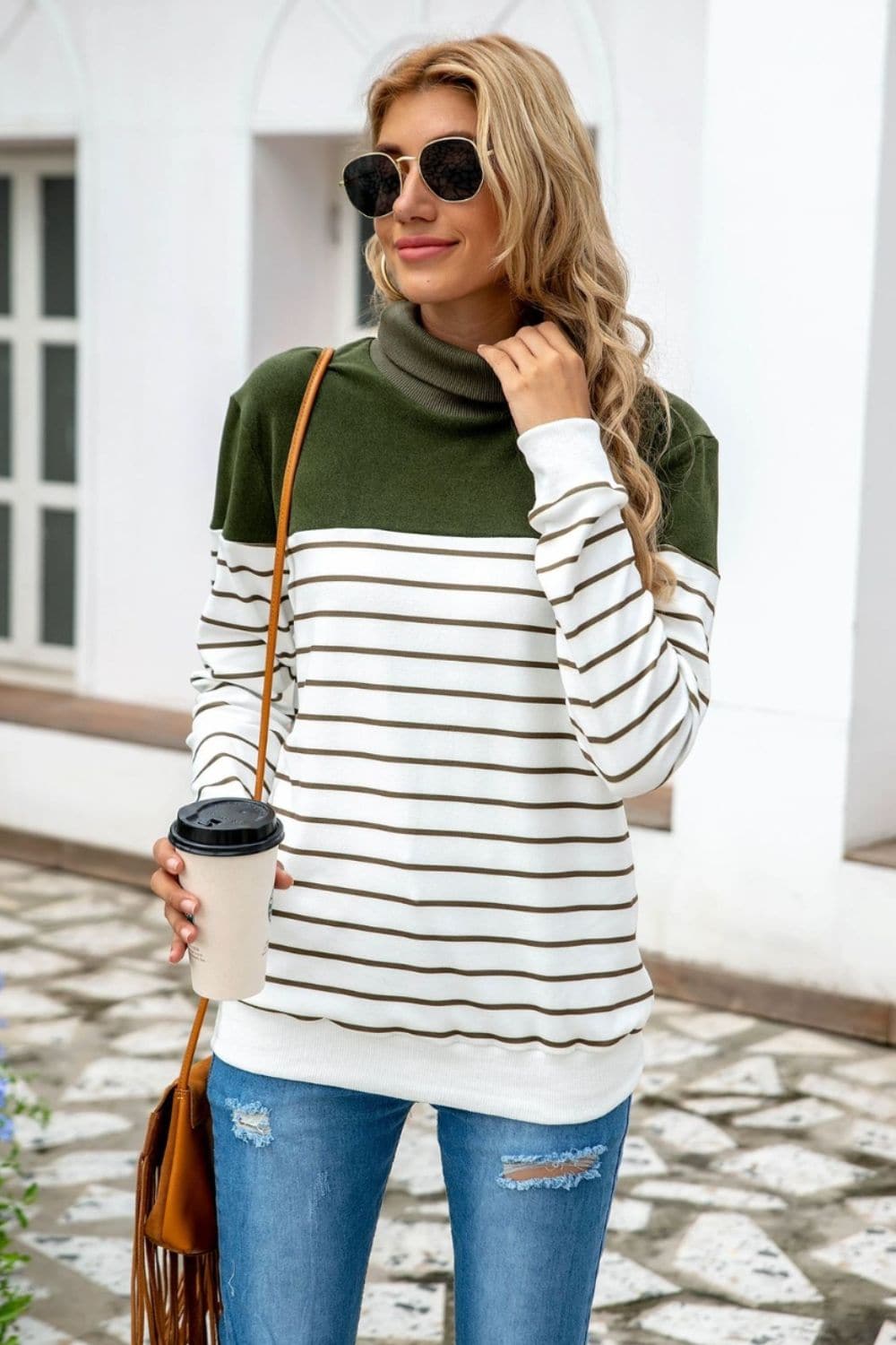 Striped Contrast Turtleneck Sweater.