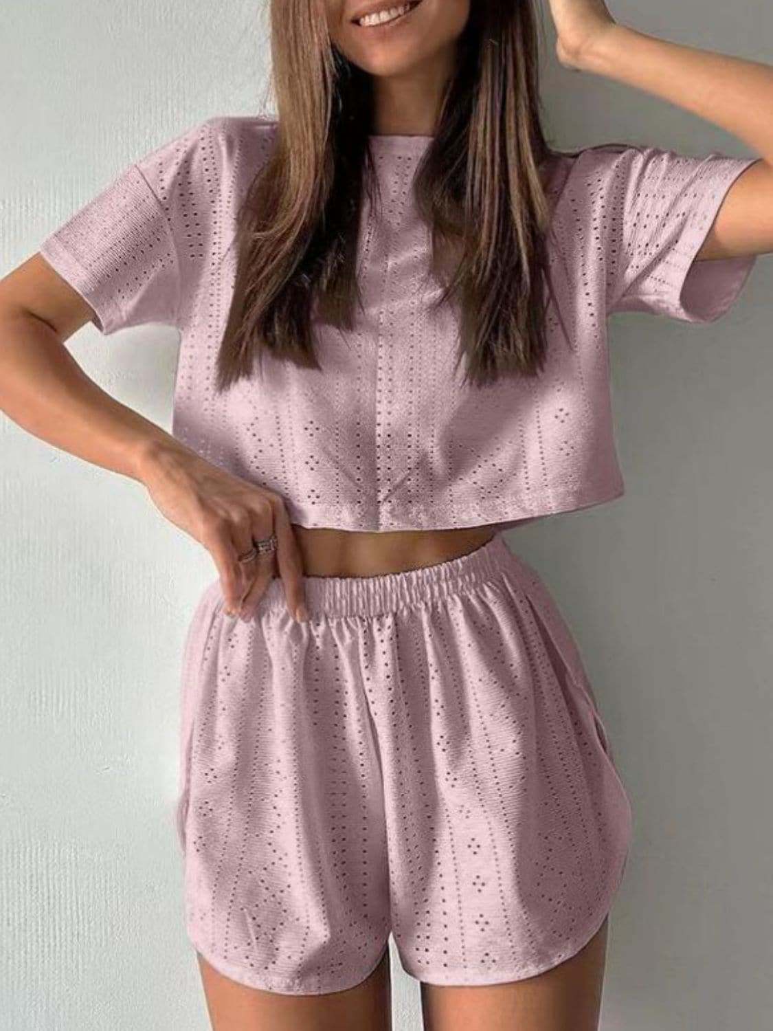 Eyelet Round Neck Top and Shorts Set.