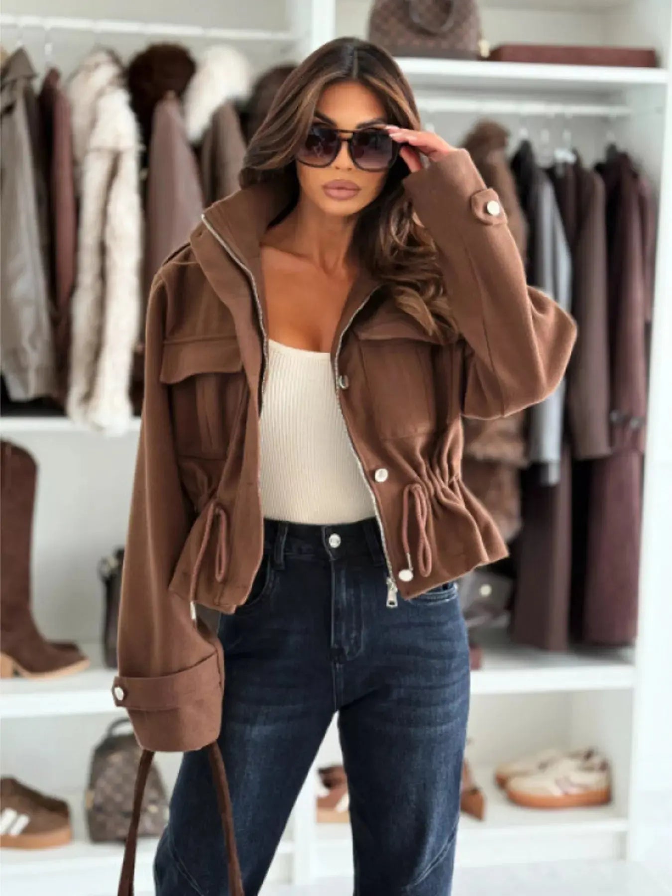 Drawstring Waist Cropped Jacket Simply Love