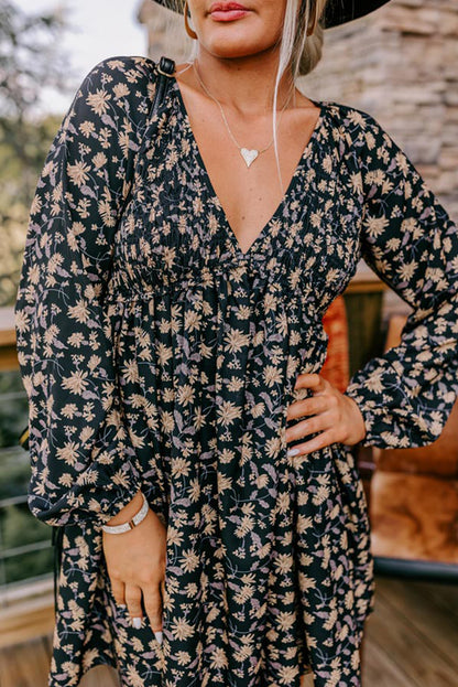 Black Floral Deep V Neck Smocked Bust Sleeve Babydoll Dress
