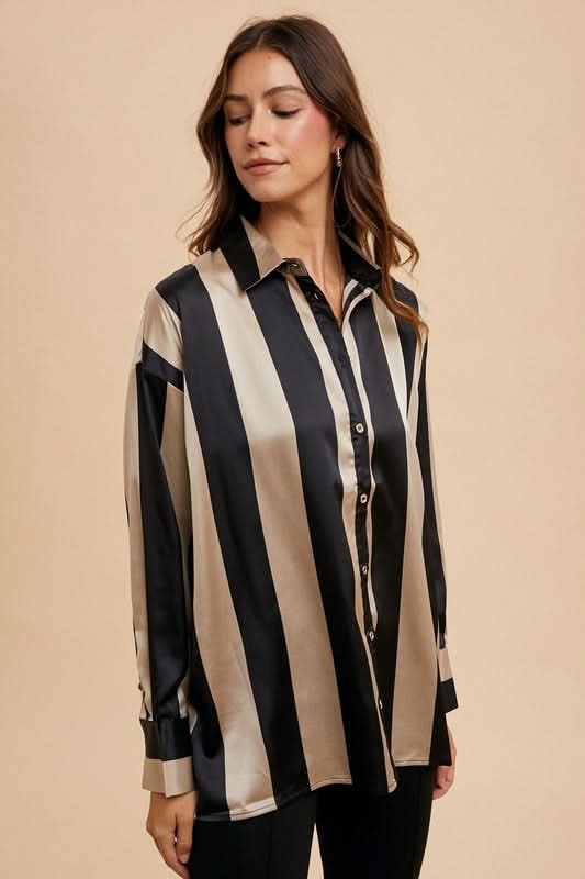 Casual Striped Button-Up Shirt with Dropped Shoulders