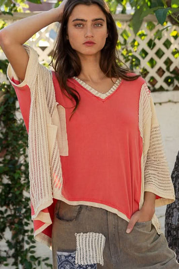 Chic Oversized V-Neck Knit Top with Frayed Edges