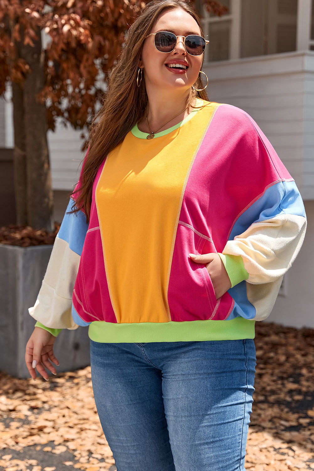 Rose red plus size colorblock sweatshirt