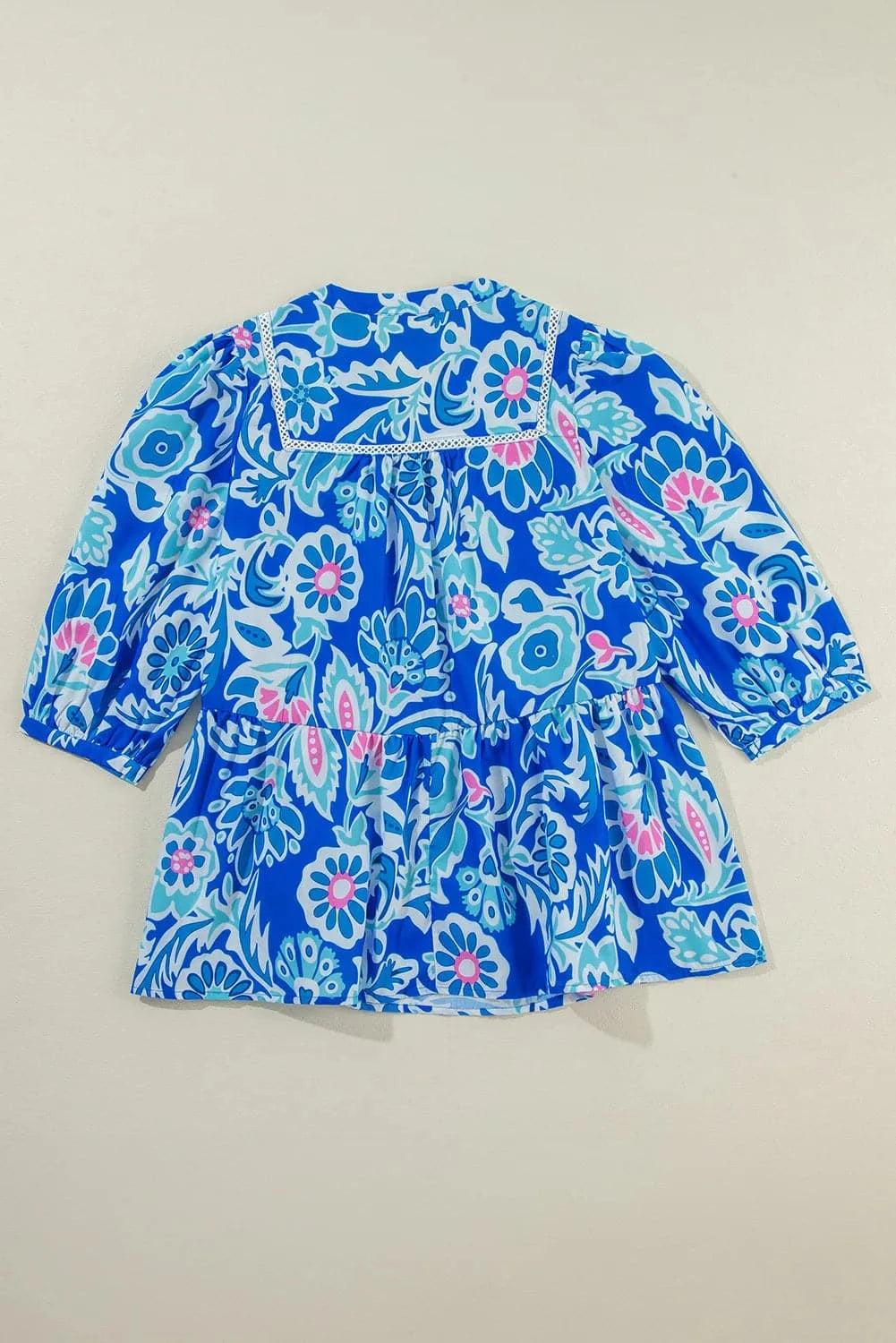 Printed Notched Three-Quarter Sleeve Blouse.