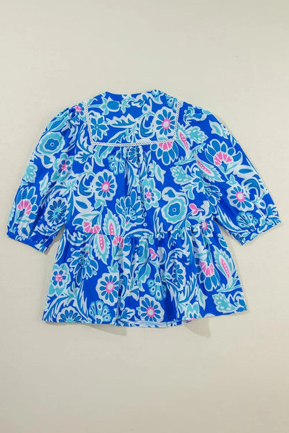 Printed Notched Three-Quarter Sleeve Blouse.