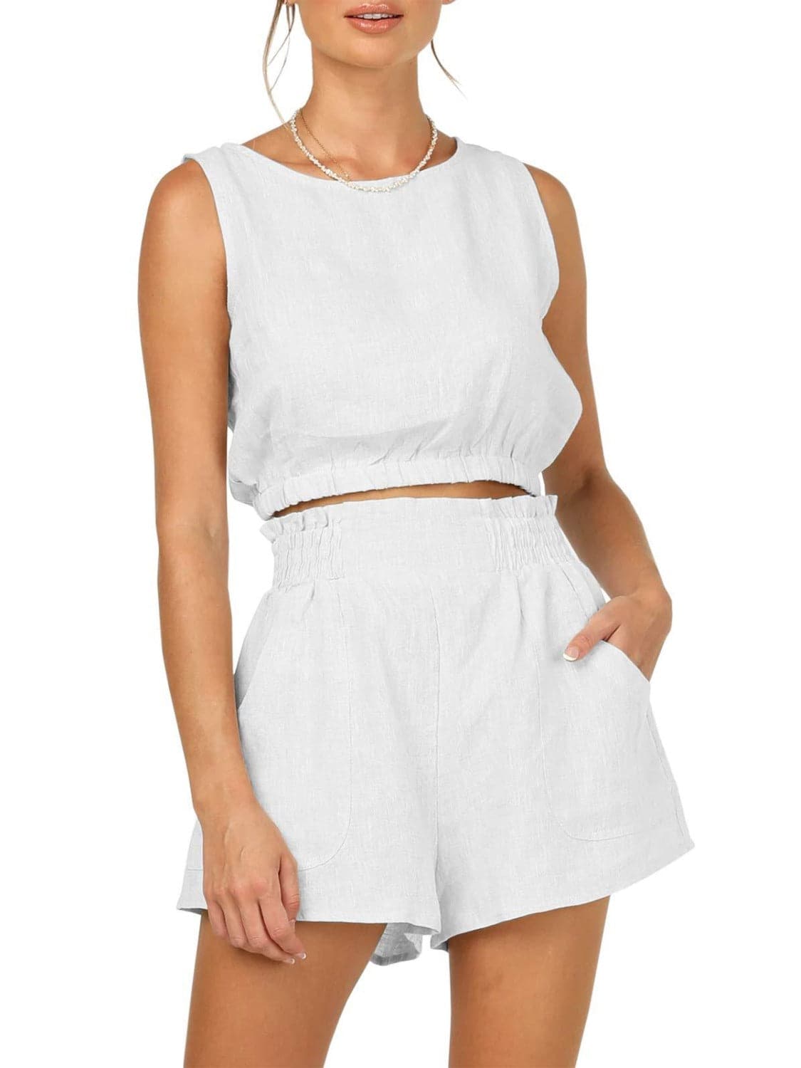 Round Neck Sleeveless Top and Shorts Set.