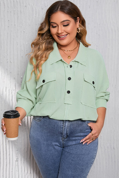 Chic green plus size ribbed henley top with pockets and long sleeves