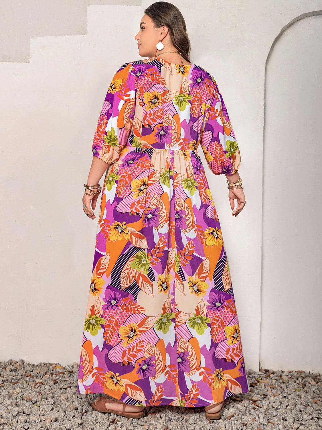 Plus Size Printed Tie Neck Maxi Dress.