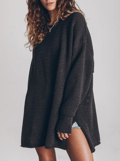 Openwork Round Neck Long Sleeve Slit Sweater.