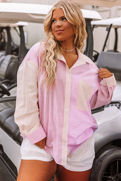 Chic pink striped colorblock plus size shirt