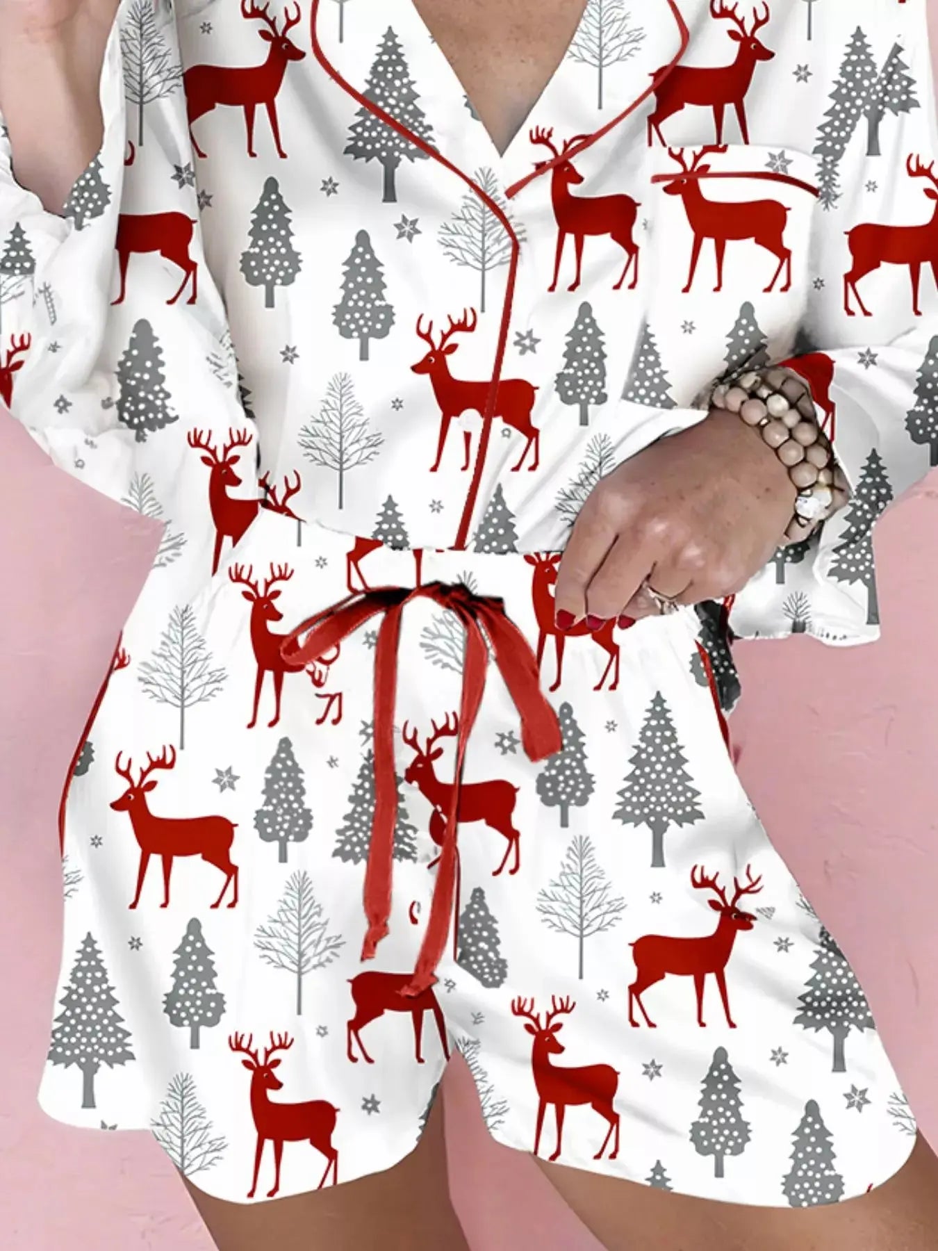 Christmas Fashion Print Velvet Trim Top and Shorts Pajama 2pcs Set Simply Love