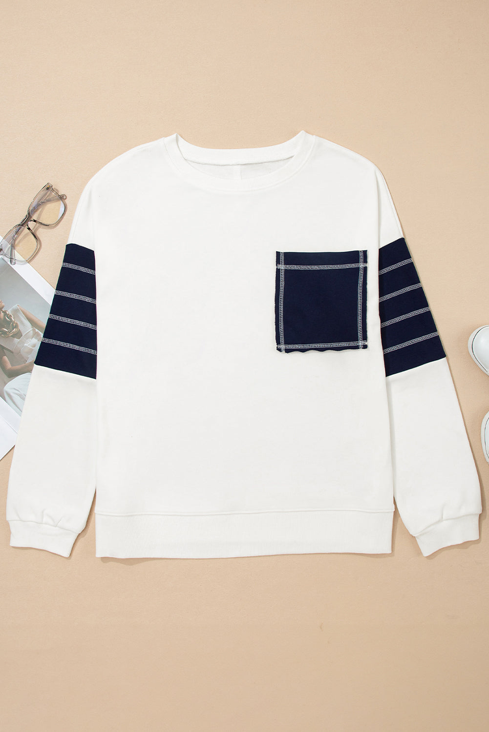 White Exposed Seam Detail Color Block Patch Pocket Drop Shoulder Sweatshirt Dear-Lover Dropshipping