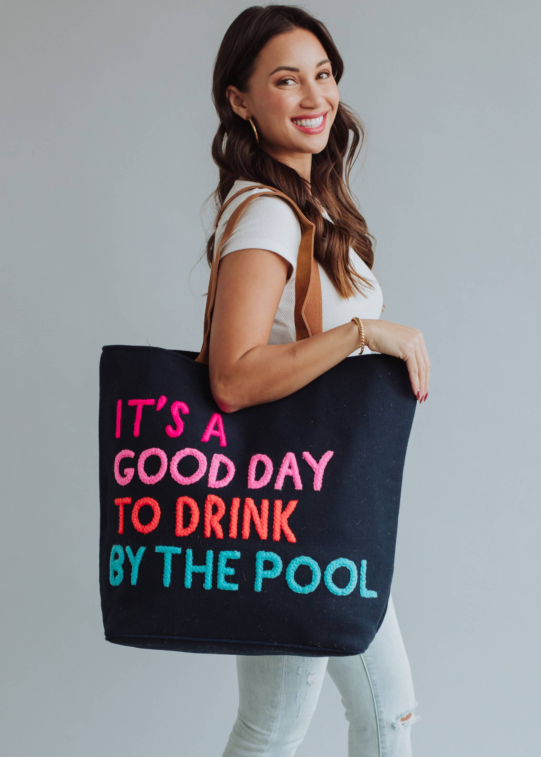 Navy Poolside Tote With Multicolor Poolside Quote Design Fitkitty Culture Athleisure Wear, Yoga Wear & Women's Clothing