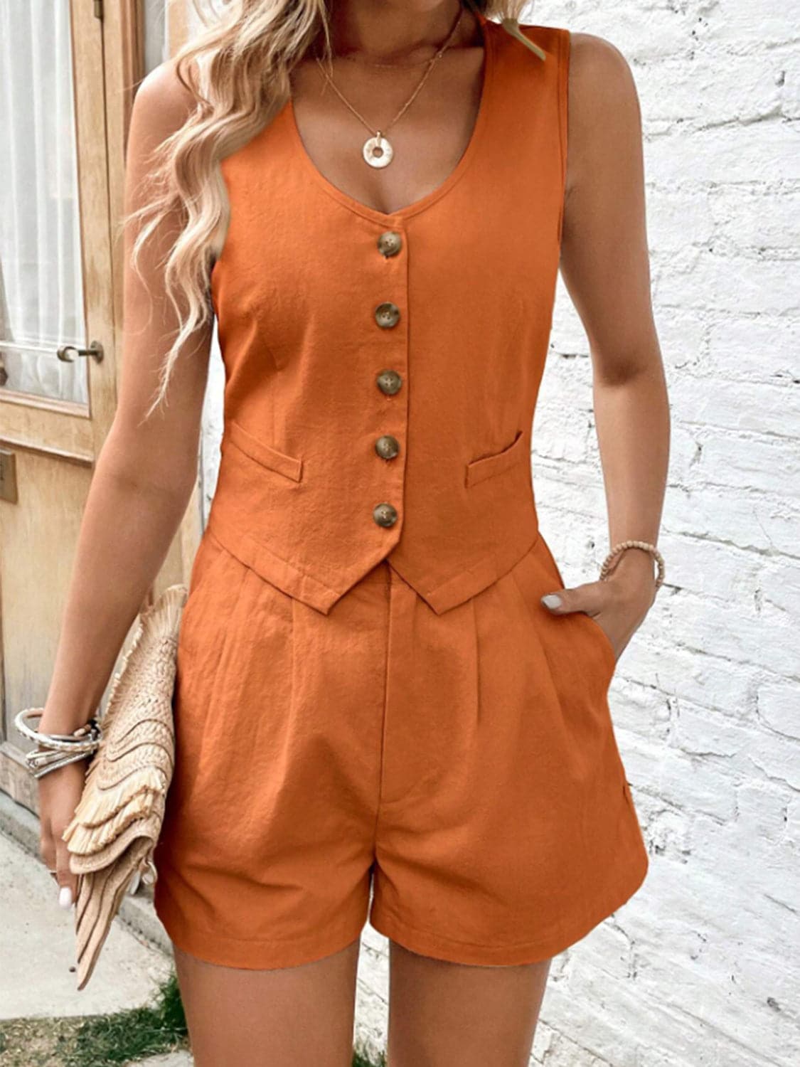 Scoop Neck Sleeveless Top and Shorts Set.