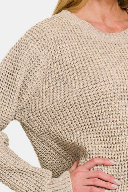 Zenana High Low Long Sleeve Waffle Sweater.