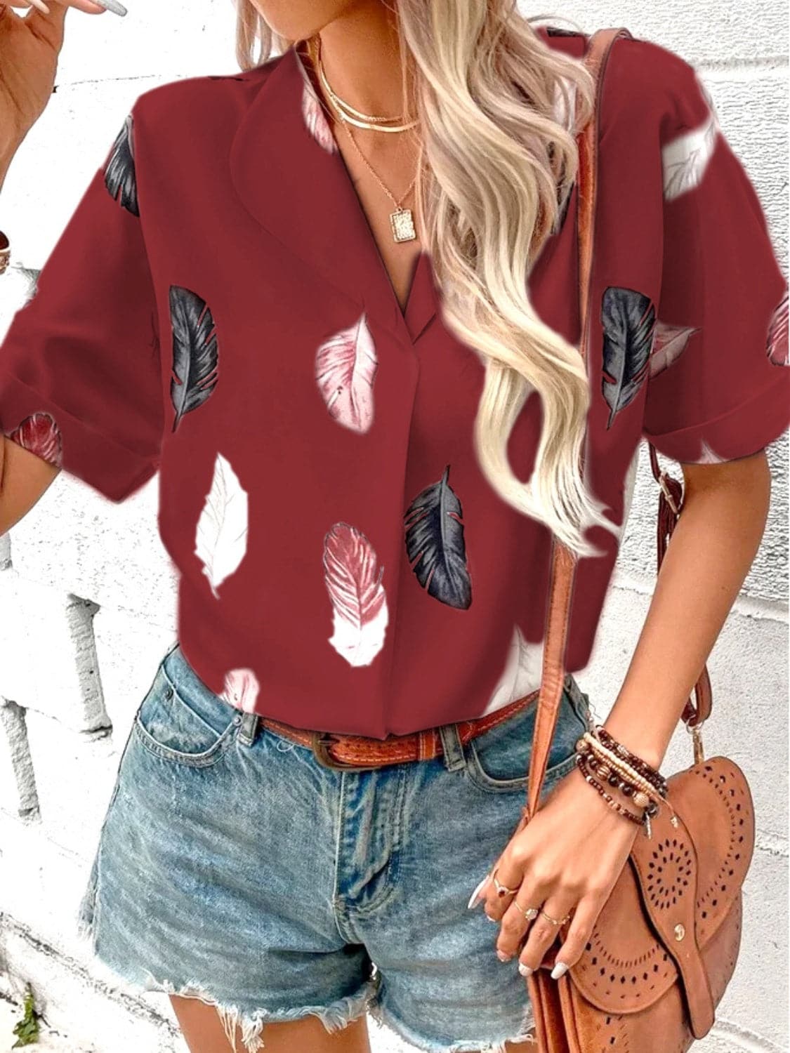 Full Size Printed Collared Neck Short Sleeve Blouse.