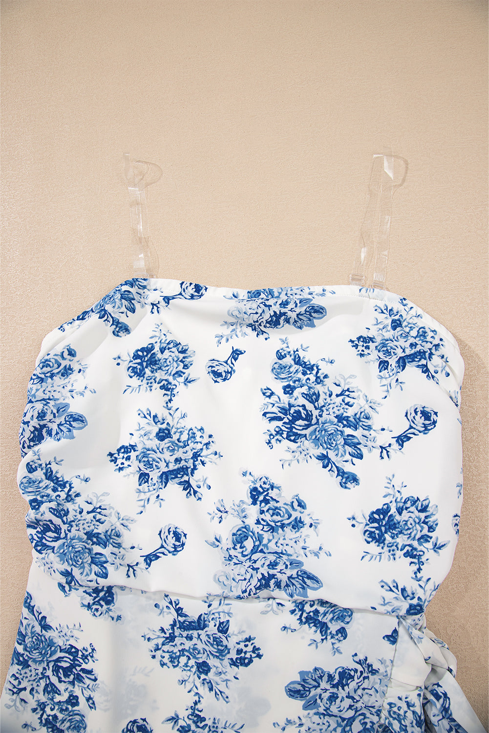 Sky Blue Floral Print Strapless Zipped Back Knot Waist Ruffled Romper Love Salve