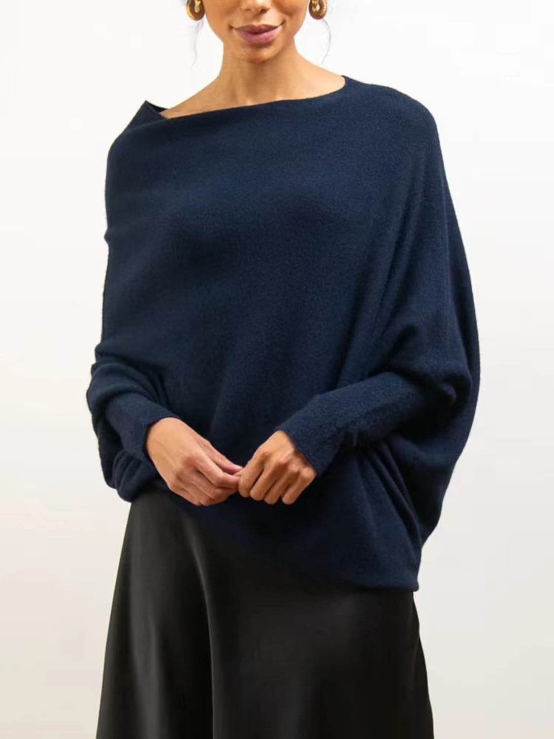 Full Size Boat Neck Batwing Sleeve Knit Top.