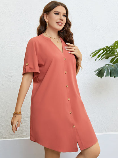 Plus Size Buttoned Notched Neck Shift Dress.