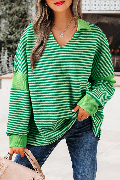 Chic green striped v-neck top