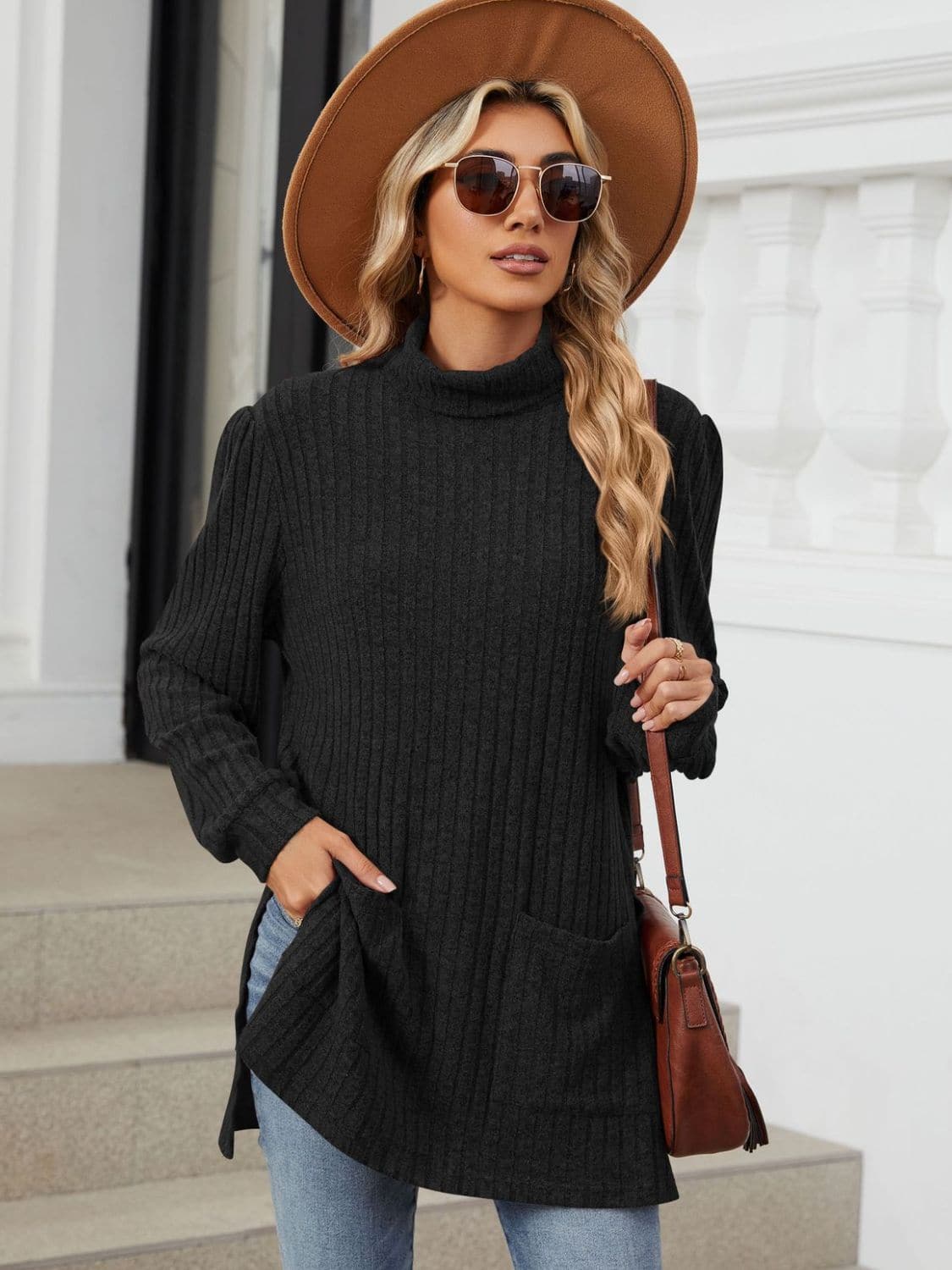 Slit Mock Neck Long Sleeve T-Shirt.