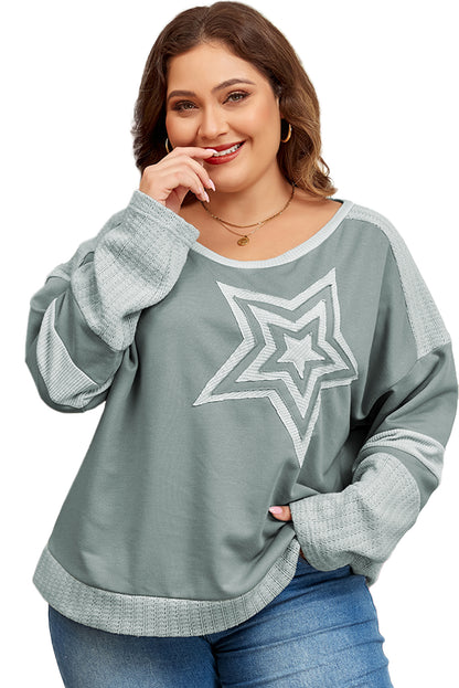 Mist green starry patchwork plus size t-shirt with round neckline