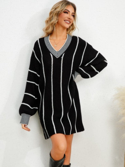 Striped V-Neck Long Sleeve Mini Dress.