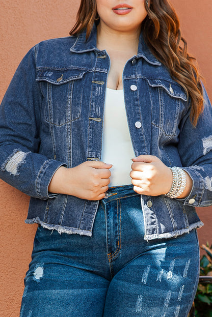 Chic dark blue plus size distressed denim jacket with flap pockets